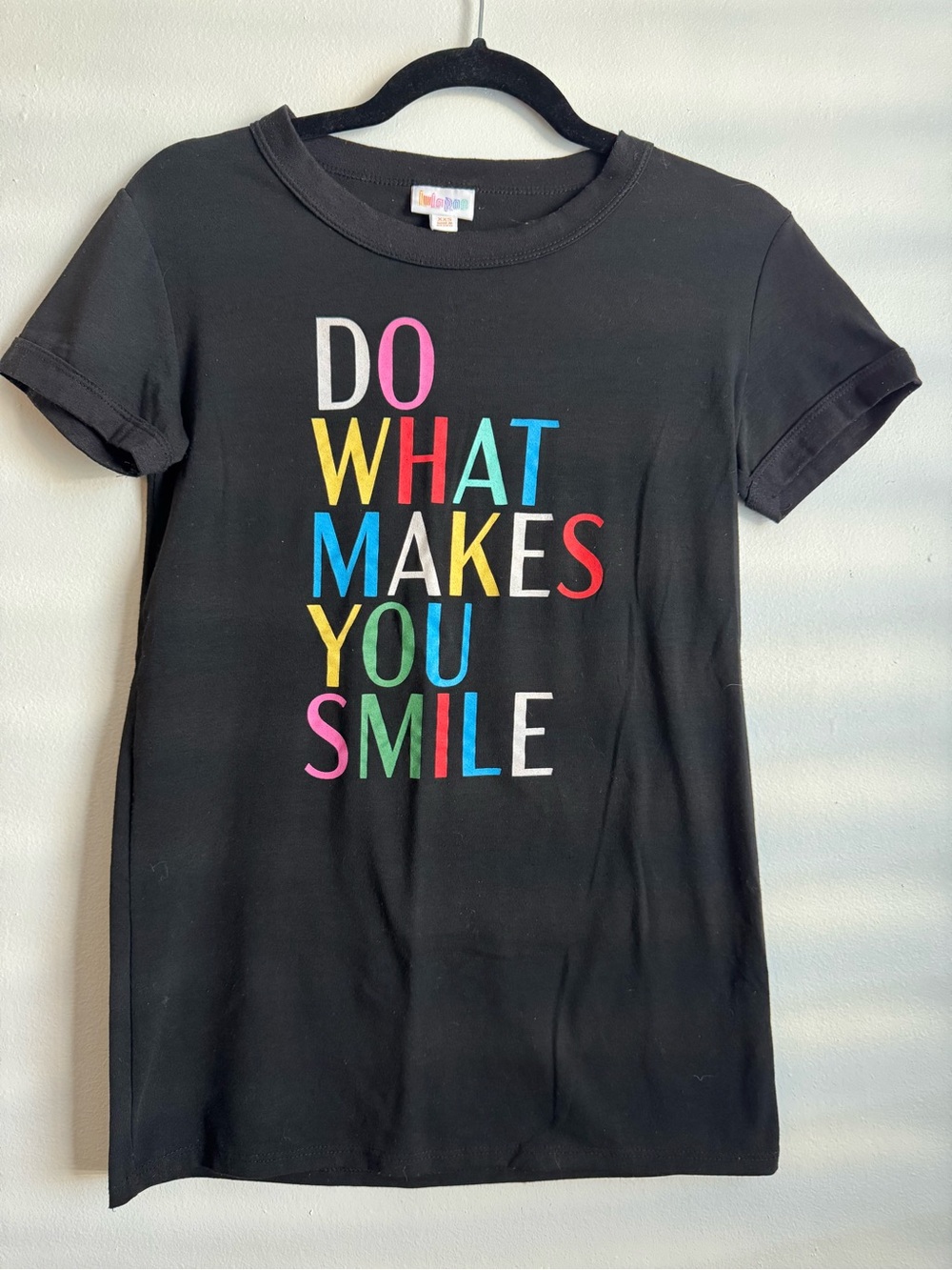 LuLaRoe Black Short Sleeve Tee with Multicolor Motivational Text